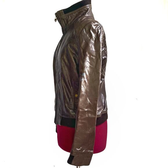 Guess Y2K Chocolate Brown Leather Jacket | Heart Zip Tiger Satin Lining Bomber - Picture 13 of 16